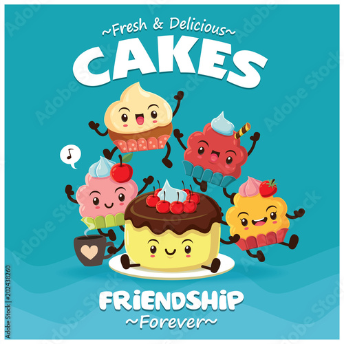 Vintage food poster design with vector cakes  cupcakes characters.