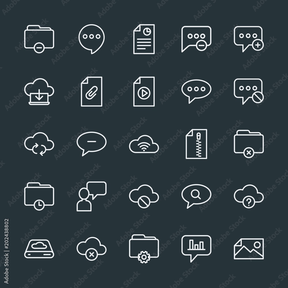 Modern Simple Set of cloud and networking, chat and messenger, folder, files Vector outline Icons. Contains such Icons as business, folder and more on dark background. Fully Editable. Pixel Perfect. Modern Simple Set of cloud and networking, chat and messenger, folder, files Vector outline Icons. Contains such Icons as business, folder and more on dark background. Fully Editable. Pixel Perfect.