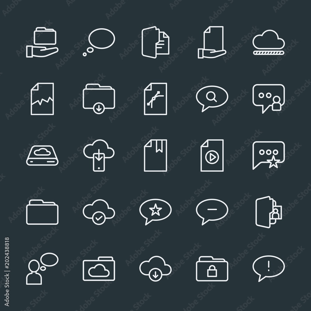 Modern Simple Set of cloud and networking, chat and messenger, folder, files Vector outline Icons. Contains such Icons as phone, delete and more on dark background. Fully Editable. Pixel Perfect. Modern Simple Set of cloud and networking, chat and messenger, folder, files Vector outline Icons. Contains such Icons as phone, delete and more on dark background. Fully Editable. Pixel Perfect.