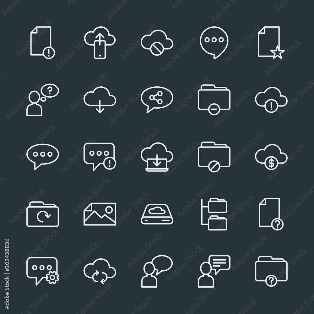 Modern Simple Set of cloud and networking, chat and messenger, folder, files Vector outline Icons. Contains such Icons as cellular, upload and more on dark background. Fully Editable. Pixel Perfect. Modern Simple Set of cloud and networking, chat and messenger, folder, files Vector outline Icons. Contains such Icons as cellular, upload and more on dark background. Fully Editable. Pixel Perfect.
