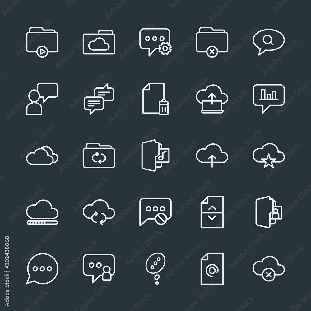 Modern Simple Set of cloud and networking, chat and messenger, folder, files Vector outline Icons. Contains such Icons as office,  user and more on dark background. Fully Editable. Pixel Perfect.