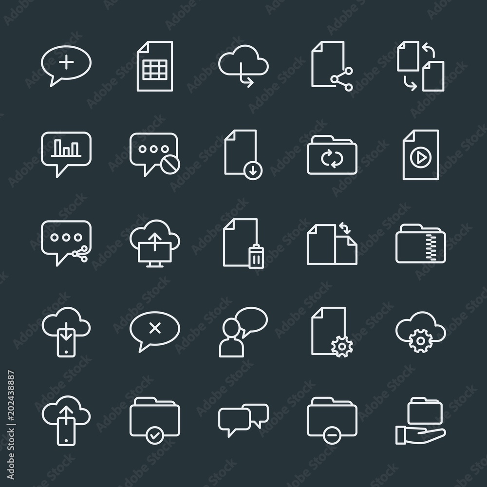 Modern Simple Set of cloud and networking, chat and messenger, folder, files Vector outline Icons. Contains such Icons as change, stats and more on dark background. Fully Editable. Pixel Perfect. Modern Simple Set of cloud and networking, chat and messenger, folder, files Vector outline Icons. Contains such Icons as change, stats and more on dark background. Fully Editable. Pixel Perfect.