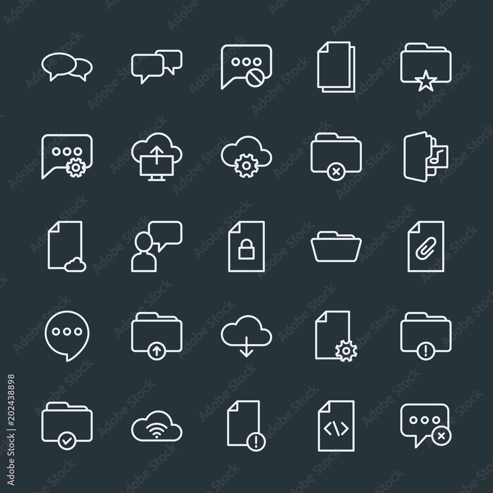Modern Simple Set of cloud and networking, chat and messenger, folder, files Vector outline Icons. Contains such Icons as document, file and more on dark background. Fully Editable. Pixel Perfect. Modern Simple Set of cloud and networking, chat and messenger, folder, files Vector outline Icons. Contains such Icons as document, file and more on dark background. Fully Editable. Pixel Perfect.
