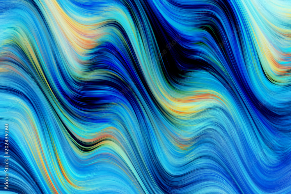 Abstract blue, black and orange wavy texture. Fractal background. Fantasy digital art. 3D rendering.