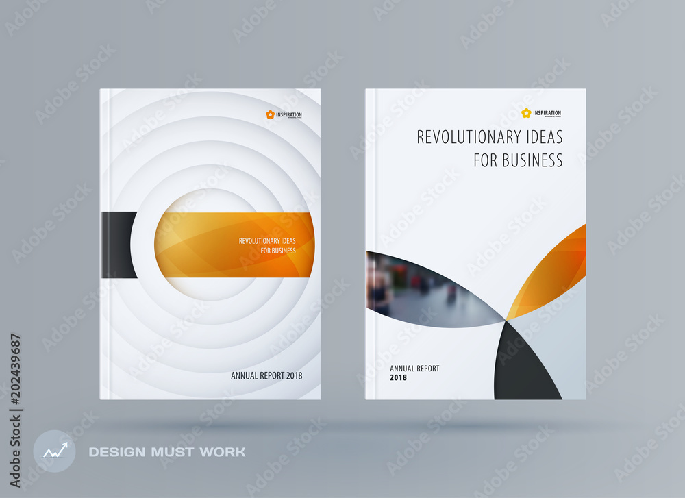 Brochure design paper-cut template. Colourful yellow grey creative abstract set, annual report with circles shadows for branding.