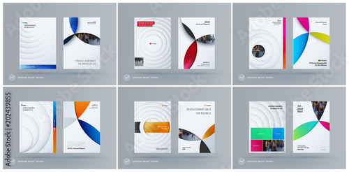 Brochure design paper-cut template. Colourful creative abstract set, annual report with circles shadows for branding.