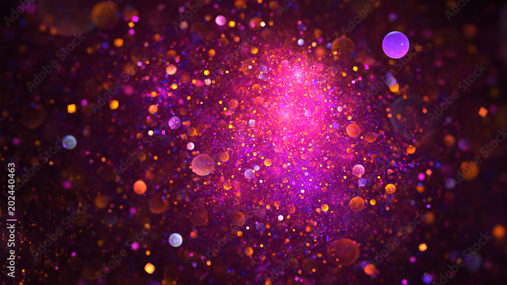 Abstract chaotic glittering pink, purple and orange bubbles. Fantasy fractal design. Digital art. 3D rendering. - obrazy, fototapety, plakaty 