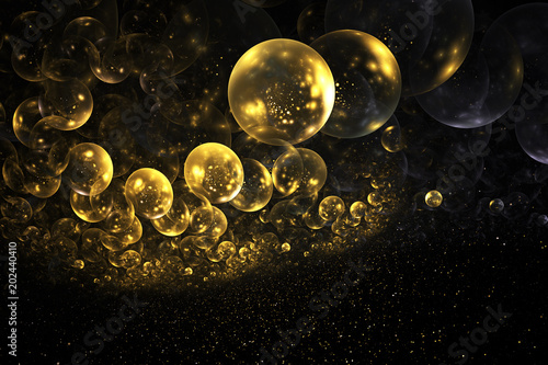 Abstract chaotic glittering gold bubbles. Fantasy fractal design. Digital art. 3D rendering.