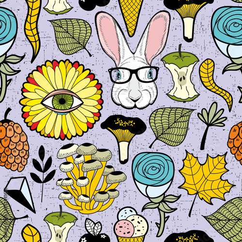 Colorful endless pattern with rabbit in glasses and plants.