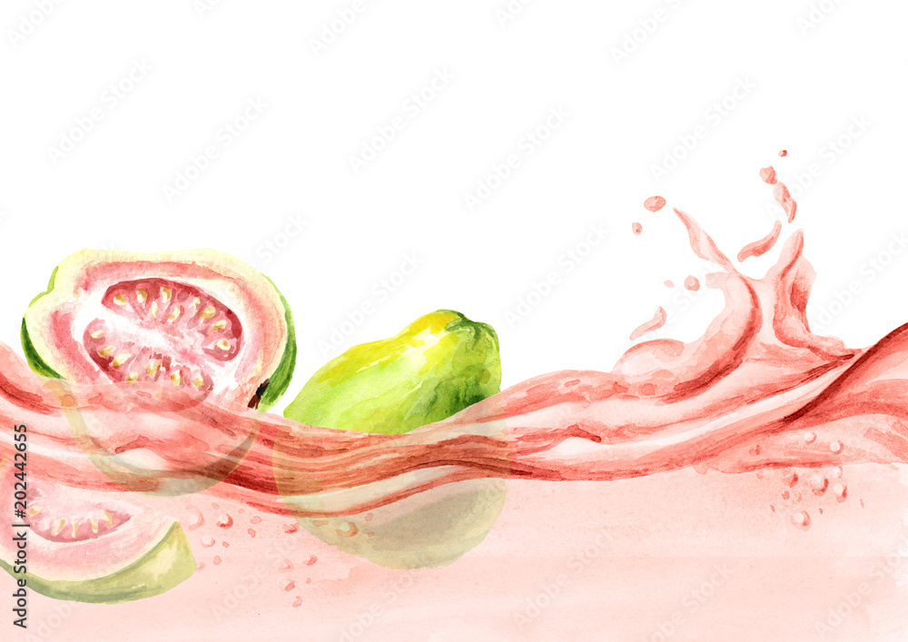 Φωτογραφία Fresh guava fruits on a wave of juice, watercolor hand drawn illustration