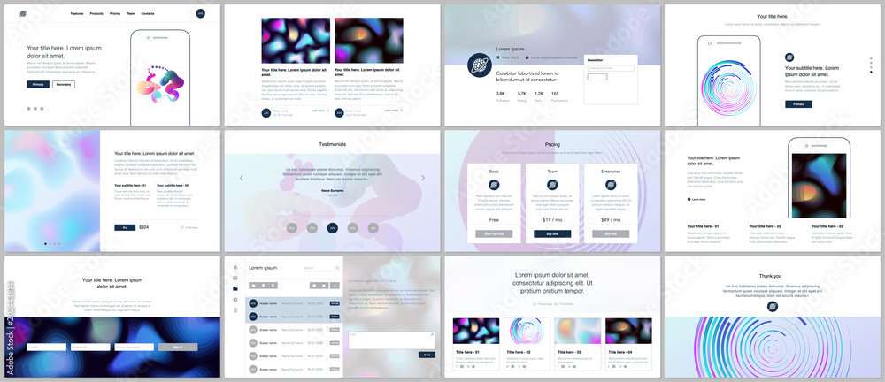 Set of vector templates with geometric patterns, gradients, fluid shapes for website design, minimal presentations, portfolio. UI, UX, GUI. Design of headers, dashboard, features page, blog etc