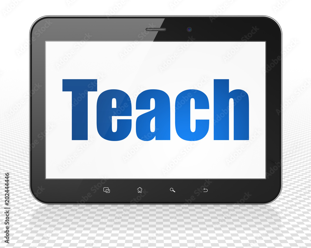 Education concept: Tablet Pc Computer with blue text Teach on display, 3D rendering Education concept: Tablet Pc Computer with blue text Teach on display, 3D rendering