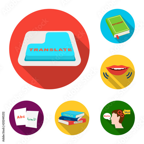 Translator and linguist flat icons in set collection for design. Interpreter vector symbol stock web illustration.