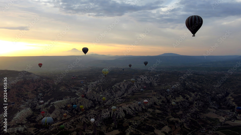 Panorama of Hot Air Balloons Flying Over Cappadocia at Dawn