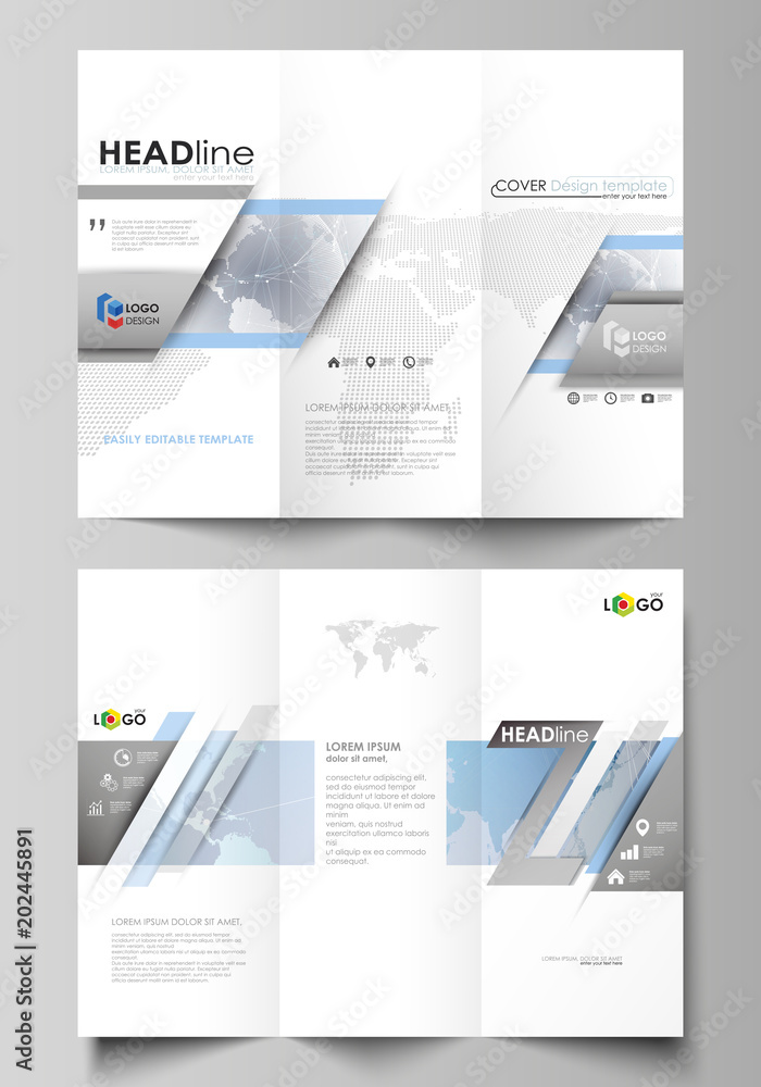 The minimalistic abstract vector illustration of the editable layout of two creative tri-fold brochure covers design business templates. Technology concept. Molecule structure, connecting background.