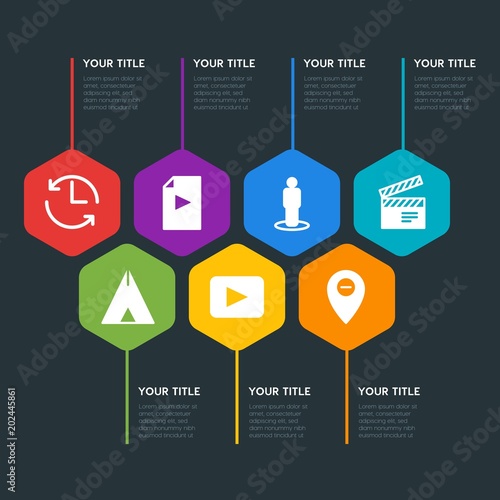 Flat geometric location, video, photos, time infographic steps template with 7 options for presentations, advertising, annual reports