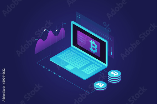 Cryptocurrency and Blockchain concept. Farm for mining bitcoins. Digital money market, investment, finance and trading. Perfect for web design, banner and presentation. Isometric vector illustration.