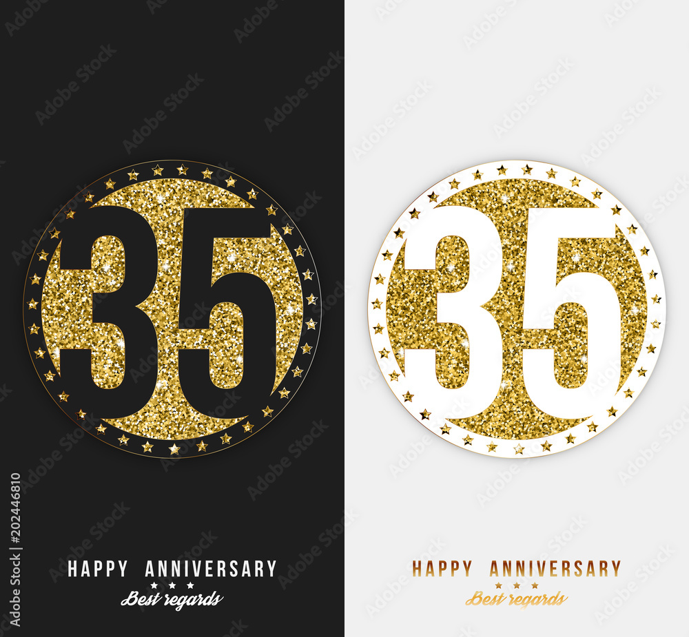 Set of 35th Happy anniversary cards template with gold elements. Set of 35th Happy anniversary cards template with gold elements.