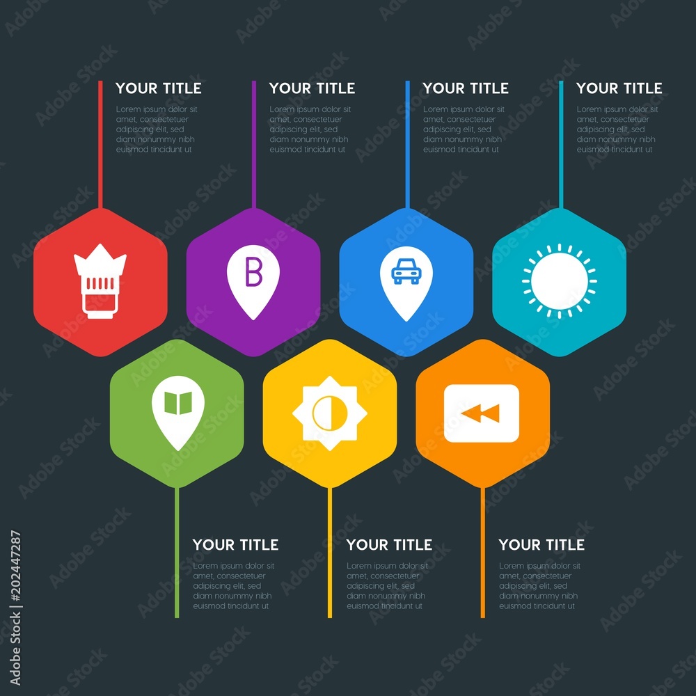 Εκτύπωση καμβά Flat geometric location, video, photos, time infographic steps template with 7 o