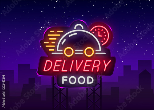 Food delivery neon sign. Logo in neon style, light banner, luminous symbol, bright nightlife neon advertising food delivery for your projects. Vector illustration. Billboard