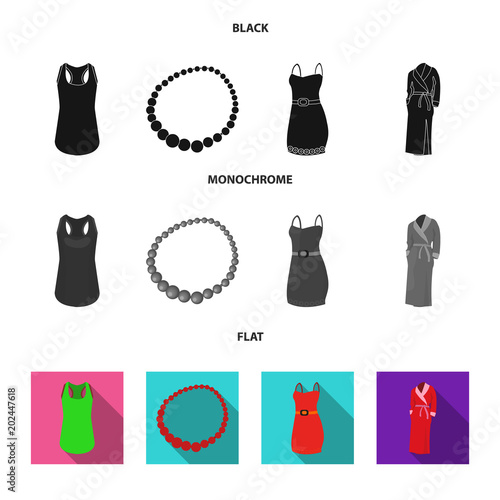 T-shirt, beads, summer women sarafan on straps with a belt, a home gown. Women clothing set collection icons in black, flat, monochrome style vector symbol stock illustration web.