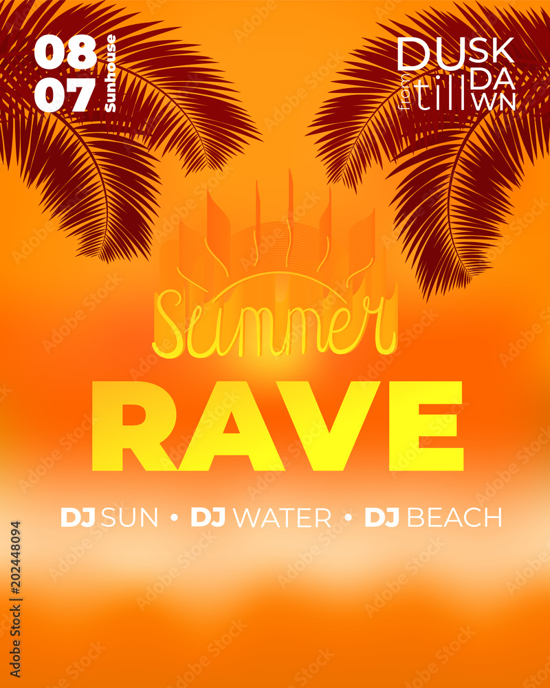Summer rave party template. Tropical background illustration