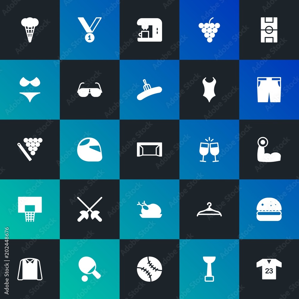 Modern Simple Set of food, clothes, sports, drinks Vector fill Icons. Contains such Icons as sweet,  burger, motor,  winner and more on dark and gradient background. Fully Editable. Pixel Perfect.