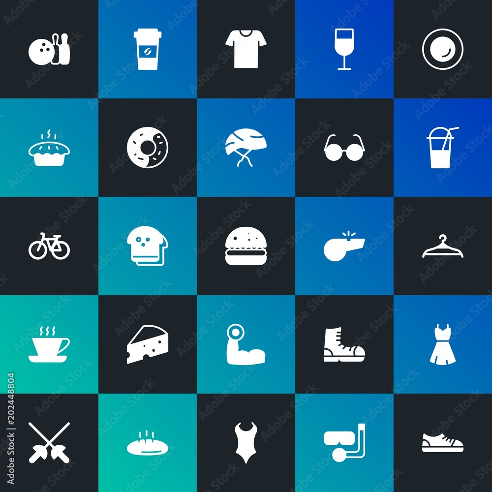 Modern Simple Set of food, clothes, sports, drinks Vector fill Icons. Contains such Icons as  water,  leather,  sport,  game and more on dark and gradient background. Fully Editable. Pixel Perfect.