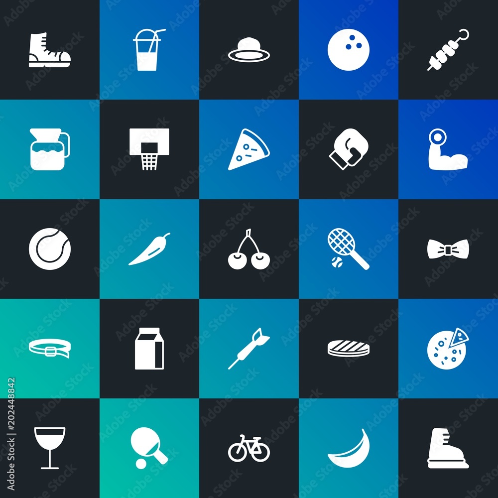 Modern Simple Set of food, clothes, sports, drinks Vector fill Icons. Contains such Icons as  cycle, ball,  holiday,  yellow and more on dark and gradient background. Fully Editable. Pixel Perfect.