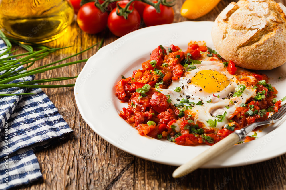 Shakshouka, dish of eggs poached in a sauce of tomatoes, chili peppers, onions Shakshouka, dish of eggs poached in a sauce of tomatoes, chili peppers, onions