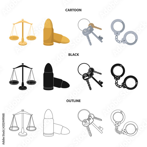 Scales of justice, cartridges, a bunch of keys, handcuffs.Prison set collection icons in cartoon,black,outline style vector symbol stock illustration web. photo