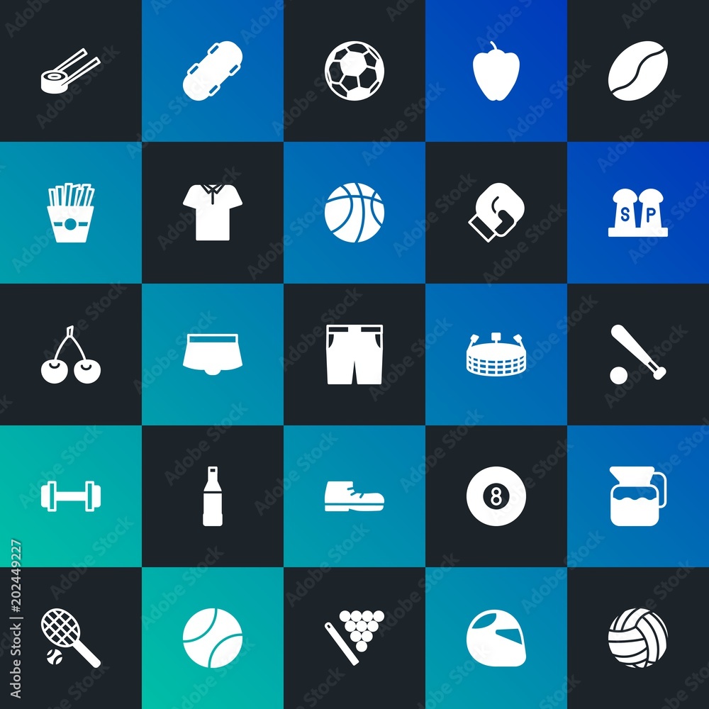 Modern Simple Set of food, clothes, sports, drinks Vector fill Icons. Contains such Icons as game, pants,  leisure,  bottle and more on dark and gradient background. Fully Editable. Pixel Perfect.