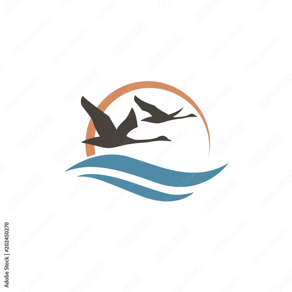 Fototapeta premium abstract icon with swans, sun and waves