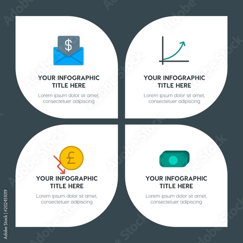 flat business, money, charts infographic timeline template with floral shape for presentations, advertising, annual reports