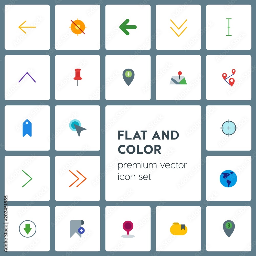 Modern Simple Set of location, arrows, cursors, bookmarks Vector flat Icons. Contains such Icons as earth, down,  goal,  arrow,  tag,  hand and more on grey background. Fully Editable. Pixel Perfect