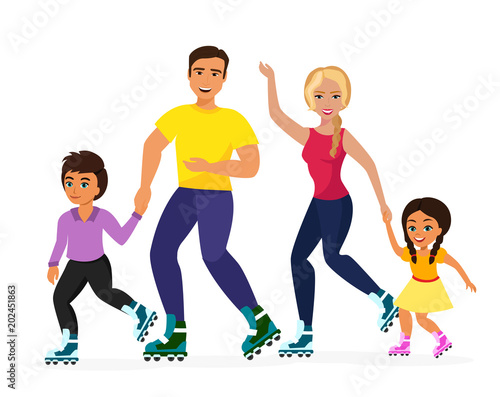 Vector illustration of smiley family skating on the white background. Sport family, mother, father, dother and son happy together. Healthy life concept, flat cartoon style.