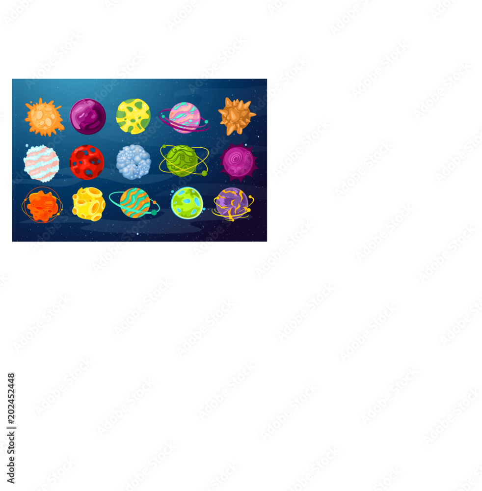 Vector illustration set of colorful and bright cartoon fantic planets and cosmic objects in flat style.