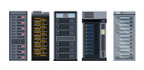 Vector illustration set of various cartoon server racks, different types of server rack collection of elements in flat design.