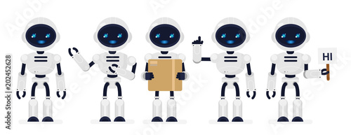 Vector illustration set of cute robots white color in different poses in flat cartoon style.