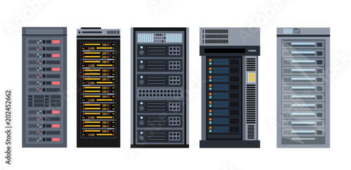 Vector illustration set of various cartoon server racks, different types of server rack collection of elements in flat design.