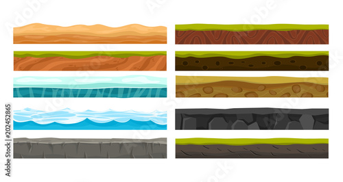 Vector illustration set of grounds for Ui Game. Collection of various land foreground area, rocks, water, ice and underground patterns on white background in flat style.