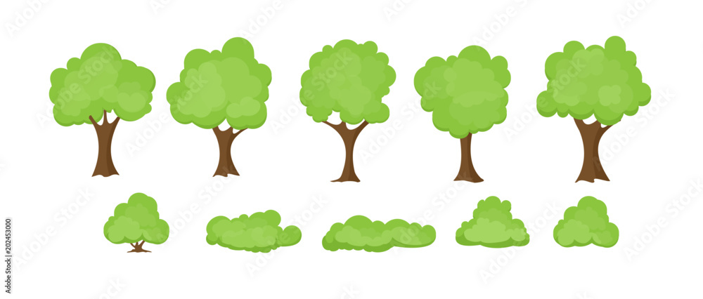 Vector illustration set of abstract stylized trees on white background. Trees and bushes collection in flat cartoon style.