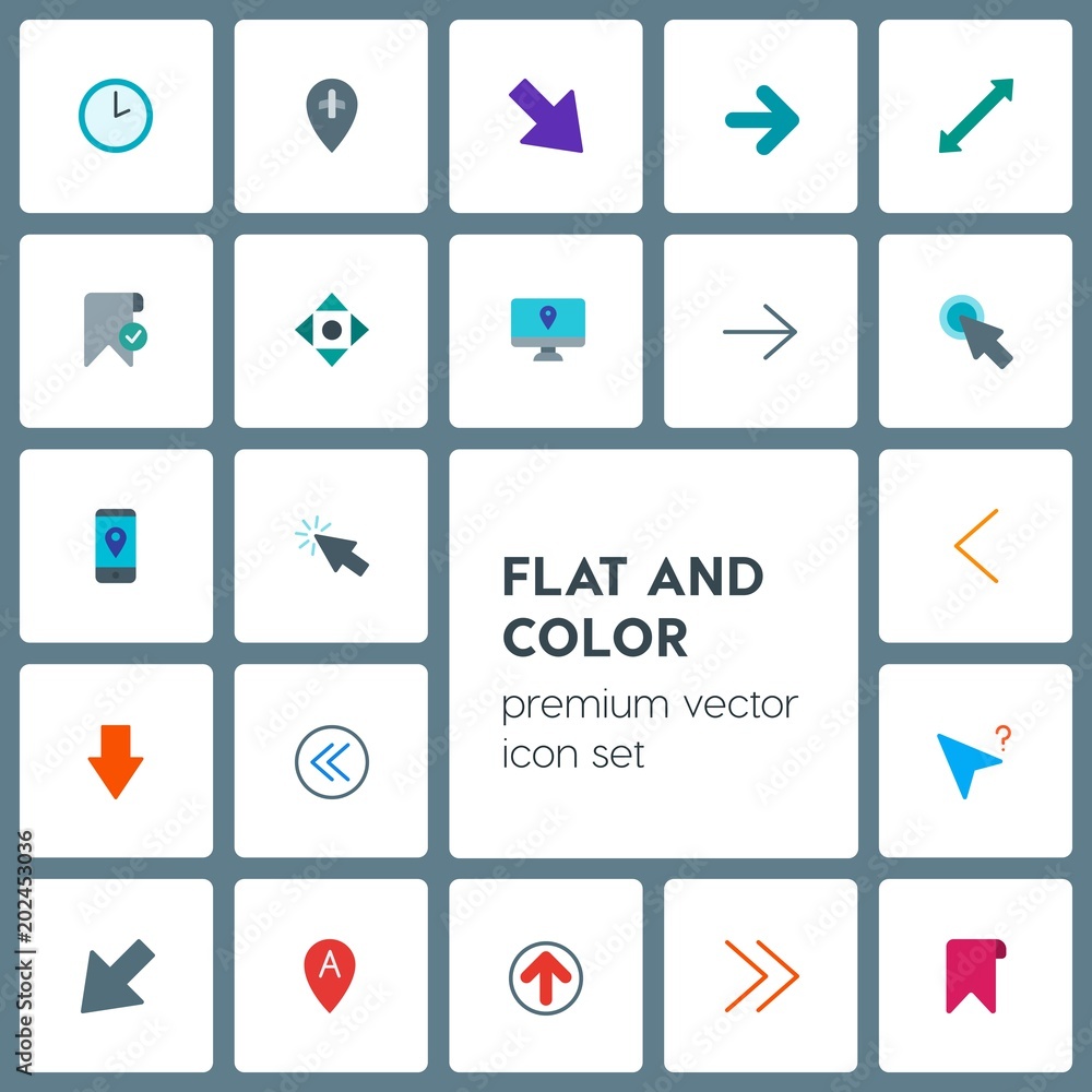 Modern Simple Set of location, arrows, cursors, bookmarks Vector flat Icons. Contains such Icons as  web,  airplane,  tag,  check,  direction and more on grey background. Fully Editable. Pixel Perfect