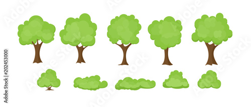 Vector illustration set of abstract stylized trees on white background. Trees and bushes collection in flat cartoon style.