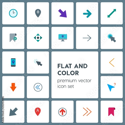 Modern Simple Set of location, arrows, cursors, bookmarks Vector flat Icons. Contains such Icons as web, airplane, tag, check, direction and more on grey background. Fully Editable. Pixel Perfect