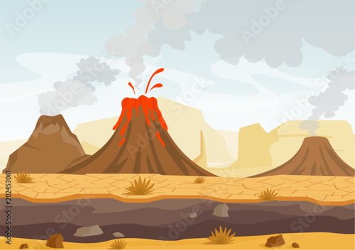 Vector illustration of prehistoric landscape with volcano eruption, lava and smoky sky, landscape with mountains and volcanoes in flat cartoon style. photo