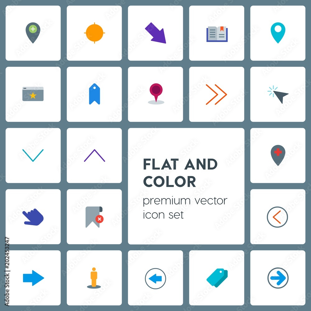 Modern Simple Set of location, arrows, cursors, bookmarks Vector flat Icons. Contains such Icons as  favorite, arrow, target,  page, click and more on grey background. Fully Editable. Pixel Perfect