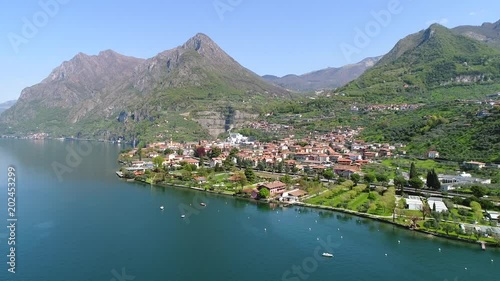 Village of Sale Marasino, lake of Iseo. Aerial view with drone photo