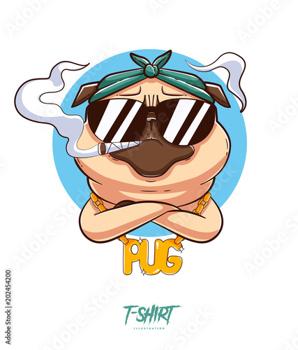 Pug life. Print on T-shirts, sweatshirts and souvenirs. Brutal pug gangster with gold chain