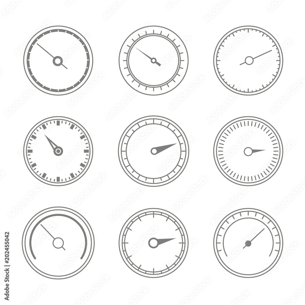 Set of monochrome icons with speedometers for your design Set of monochrome icons with speedometers for your design